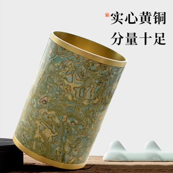 梅林笔庄黄铜镶嵌铜笔筒大容量实心黄铜贝壳纹笔筒大容量创意轻奢高级感学生桌面办公室收纳金属毛笔收纳筒