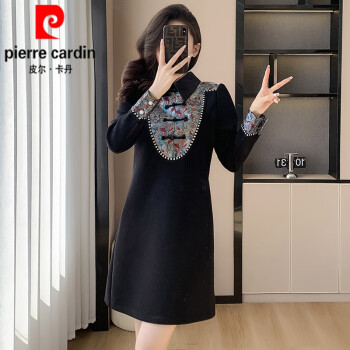 皮尔卡丹（pierre cardin）大l码女装法式中长款卫衣连衣裙春秋新款新中式打底小黑裙针织 黑色 【160-180斤】 3XL