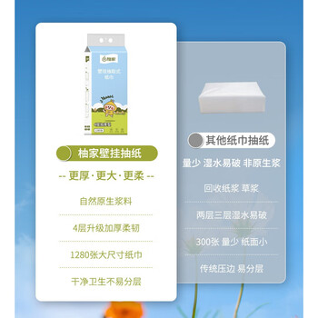 柚家 壁挂抽取式纸巾 原生木浆壁挂抽纸 4层*320抽*1提装 40320-1