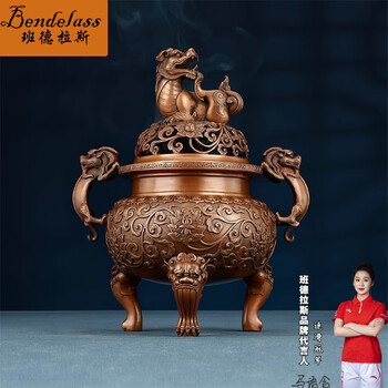 铜器  香炉  三足象耳三面狮头香炉 香道具  工艺品  美术品  摆件 日本香炉日本三足狮钮铸铜香炉日本铸铜工艺香炉，工艺精细，三足