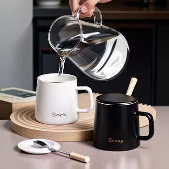 CLITON陶瓷马克杯大容量带勺盖咖啡杯牛奶杯早餐杯办公杯茶杯白色350ml