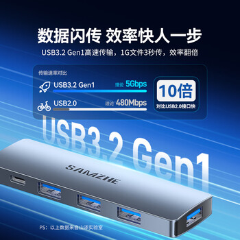 山泽USB3.0金属分线器4口HUB扩展坞高速集线拓展坞笔记本电脑一拖多转接头延长Type-C供电HBK1-3 1.5米