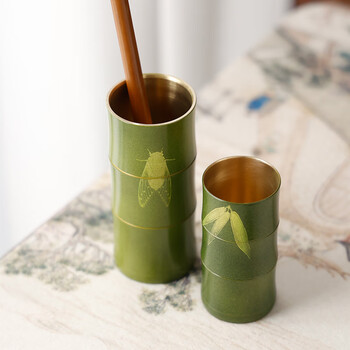 漢墨 黄铜彩漆笔筒蝉鸣大号笔筒 创意中国风毛笔收纳办公 文房四宝高颜值高档工艺品铜器摆件	