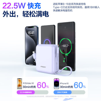品胜【3C认证】充电宝自带双线20000毫安大容量可上飞机22.5W快充移动电源适用苹果17promax小米华为紫