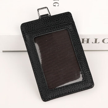 恒色真皮工作牌牛皮证件卡套商务员工胸牌公交饭卡门禁卡套定制 红色棉绳