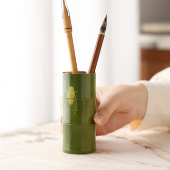 漢墨 黄铜彩漆笔筒蝉鸣大号笔筒 创意中国风毛笔收纳办公 文房四宝高颜值高档工艺品铜器摆件	