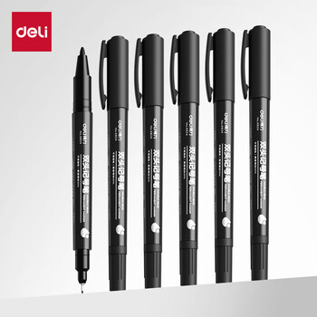得力（deli）黑色双头0.5mm/1.2mm油性记号笔 办公物流快递会议签字笔马克笔 学生儿童美术勾线笔12支/盒P06824