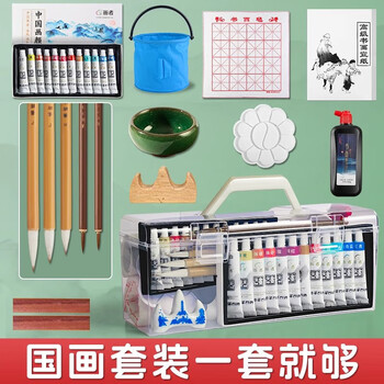 玉水湖国画颜料套装12色小学生入门水墨画工具用品儿童全套初学材料专业高级美术生专用 透明加高16件套