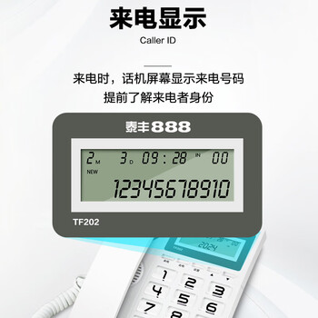 泰丰888电话机座机 固定电话 办公家用 家庭有线电话 免电池双接口 免提通话 来电显示 TF202白色