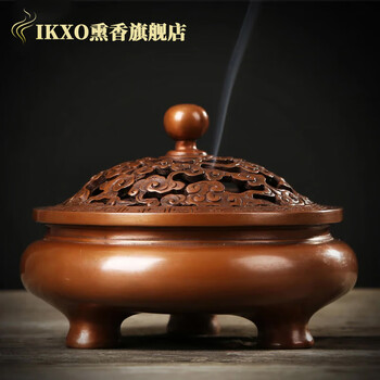 銅製 金寿堂造 斑紫銅 鼎式 香炉 唐木紫檀台座付 / 香道具 image.jpg