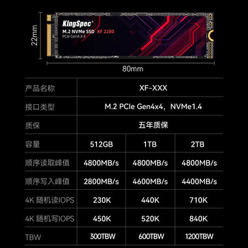 金胜维（KingSpec）512GB SSD固态硬盘M.2接口NVMe PCIe4.0 精选TLC颗粒 读速4800MB/s台式机笔记本通用AI PC存储配件
