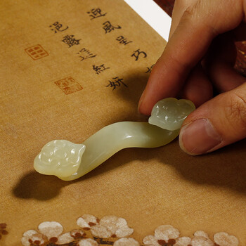 漢墨 岫玉如意毛笔笔架 多功能毛笔笔置笔搁毛笔架子 文房四宝把玩瓷器摆件2支装