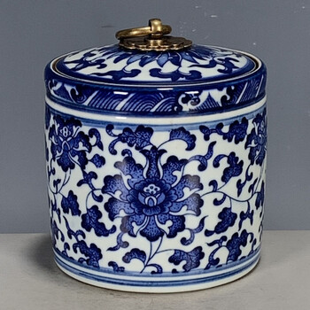 中国古美術・ハス葉ふた罐・花卉紋储物罐・青花瓷器・文房具