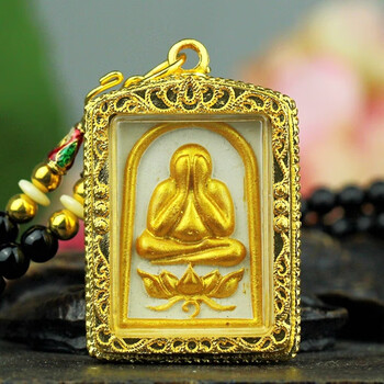 泰国佛牌掩面寓意佛必打龙婆莲花必打佛白底金黑玛瑙佛链金珠款