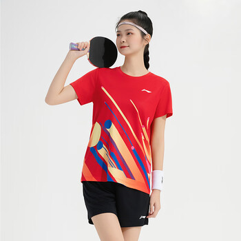 李宁（LI-NING）乒乓球服套装男女同款羽毛球速干透气运动服短袖比赛服 赤樱红2XL
