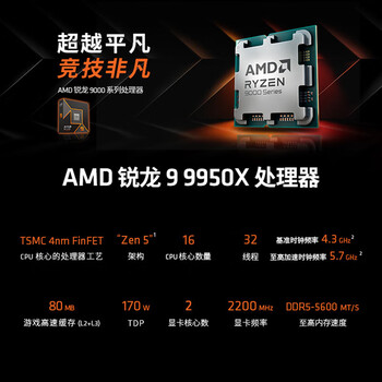 AMD 锐龙9 9950X处理器(R9)4nm 16核32线程 加速频率至高5.7GHz盒装CPU 畅玩黑神话悟空/阿凡达/魔兽