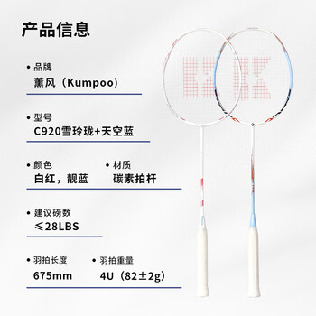 薰风（KUMPOO）羽毛球拍全碳素轻盈易控耐打攻守兼备熏风对拍C920雪玲珑+天空蓝