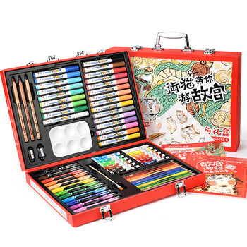 马可（MARCO）故宫御猫儿童绘画套装素描工具彩笔丙烯马克笔画笔套装绘画文具礼盒70件男孩女孩生日礼物写生出游