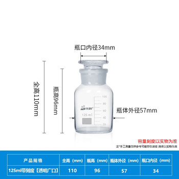 化科 玻璃广口试剂瓶加厚密封磨砂大口样品瓶化学试剂瓶实验室广口瓶 【广口】125ml（京仓直发） 透明带刻度