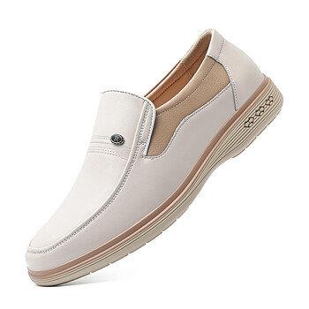 白色男皮鞋无带圆头套脚老爸秋鞋不带鞋带软底软皮父秋天鞋子 米白色