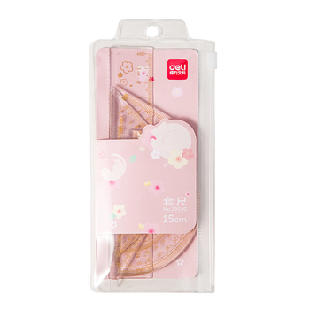 得力（deli）樱花主题套尺4件套学生尺子高考中考绘图套尺 15CM直尺/三角尺/量角器 颜色随机开学必备文具