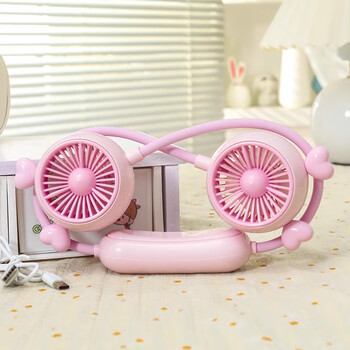 欧利文挂脖风扇制冷脖子小风扇低音三档儿童充电款户外旅游降温风宝 心心挂脖-粉色