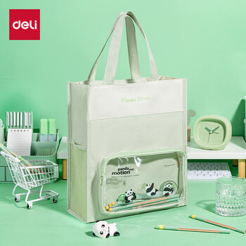 得力（deli）熊猫胖哒痛补习袋 学生手提收纳袋拎书袋 多功能儿童课外画画补课包 绿色男女孩礼物开学必备