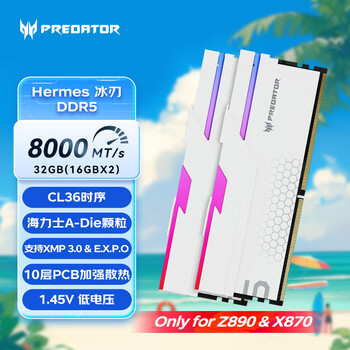 宏碁掠夺者（PREDATOR）32G(16G×2)套装 DDR5 8000频率 台式机内存条 Hermes冰刃系列 RGB灯条(C36) 珍珠白 AI电脑配件