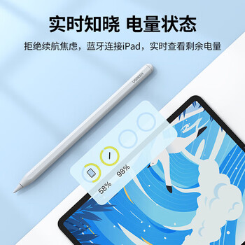 绿联 UGREEN iPad专用磁吸充电电容笔触控笔 蓝牙实时电量显示倾斜可加粗全局防误触 部分型号适用 15060