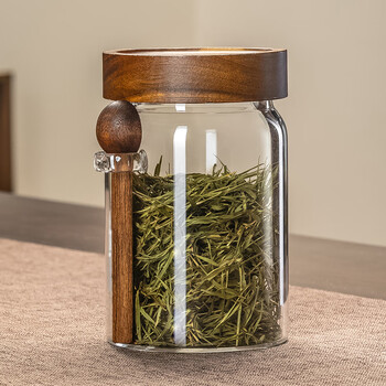 格娜斯透明玻璃茶叶罐密封罐家用高档储存茶叶收纳罐带勺咖啡豆罐900ml