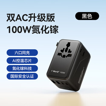 摩米士双AC超Mini100W快充全球通用转换插头出国旅行插座/国际万能旅行转换器适用英欧美澳标德国黑色