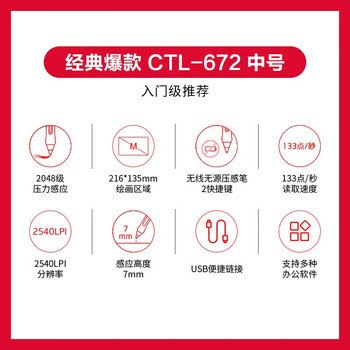 Wacom 和冠 one by  入门数位板手绘板电脑写字绘图板电子画板画图板 CTL-672 标准版（中号）