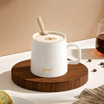 CLITON陶瓷马克杯大容量带勺盖咖啡杯牛奶杯早餐杯办公杯茶杯白色350ml