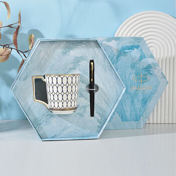 Wedgwood威基伍德金粉年华蓝色马克杯套装+派克威雅XL经典黑金夹墨水笔