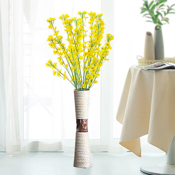 室内落地花瓶套装干花插花大花束装饰摆件 8枝油菜花 白色加固藤编