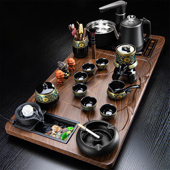 实木茶盘、茶具、茶杯、無垢材のティートレイ、ティーセット