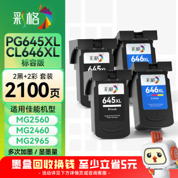 彩格PG645XL墨盒 CL646XL墨盒套装 适用佳能Canon PIXMA MG2560 MG2460 MG2965 TS3160喷墨打印机墨盒 两套装