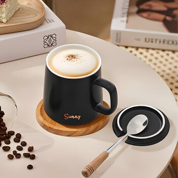 CLITON陶瓷马克杯大容量带勺盖咖啡杯牛奶杯早餐杯办公杯茶杯黑色350ml