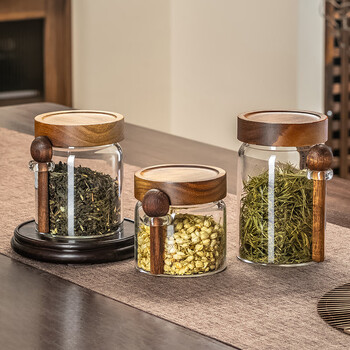 格娜斯透明玻璃茶叶罐密封罐家用高档储存茶叶收纳罐带勺咖啡豆罐500ml