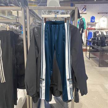 adidas三叶草男子三条杠侧开排扣裤休闲运动透气直筒长裤 dv1592 蓝色