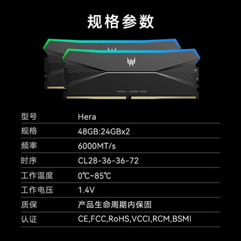 宏碁掠夺者（PREDATOR）48G(24G×2)套装 DDR5 6000频率 台式机内存条 Hera影锋系列 RGB灯条(C28) 潜影黑 AI电脑配件