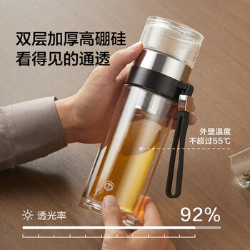 京东京造茶水分离杯 双层透明泡茶玻璃杯玻璃水杯  商务办公泡茶杯子280ml
