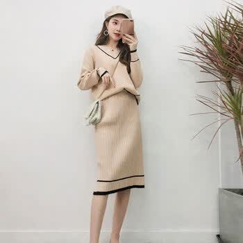连衣裙套装裙韩版时尚长袖针织衫女毛衣两件套包臀裙子sh-l636 卡其色
