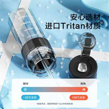 京东京造双饮口运动水壶tritan随行杯加厚防摔户外便携塑料水杯黑830ml