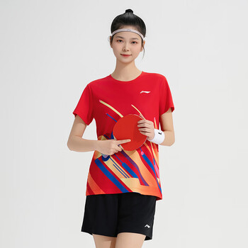 李宁（LI-NING）乒乓球服套装男女同款羽毛球速干透气运动服短袖比赛服 赤樱红2XL