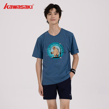 川崎（KAWASAKI）羽毛球服中性款圆领T恤运动休闲宽松透气文化衫B3928 灰蓝色 M