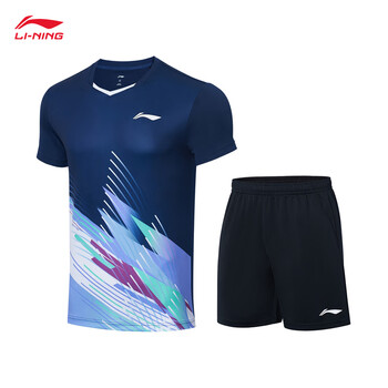 李宁T恤短裤套装男女同款速干凉爽比赛服AATT021 深航舰蓝-1 M