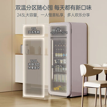 HCK哈士奇 复古冰吧冰箱透明玻璃门冰箱客厅冷藏展示恒温节能一级能效 SC-330RD-S 暖灰色 243L