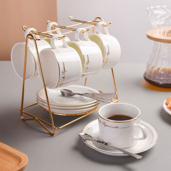 圆乐咖啡杯碟套装欧式金边陶瓷杯西式红茶杯早餐杯牛奶杯6杯6碟6+杯架