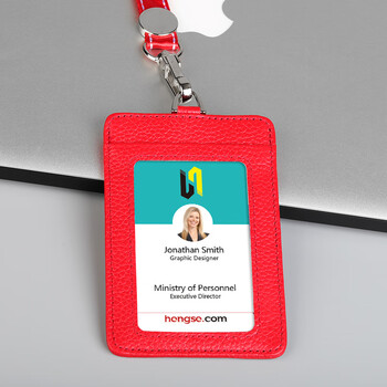 恒色真皮工作牌牛皮证件卡套商务员工胸牌公交饭卡门禁卡套定制 红色棉绳